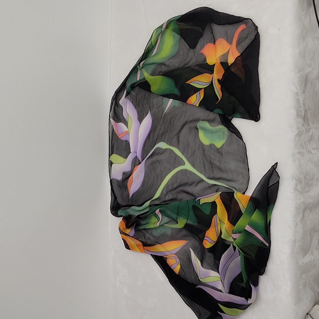 Chicos 100 Silk Black With Orange Yellow Green And Purple Flowered Scarf